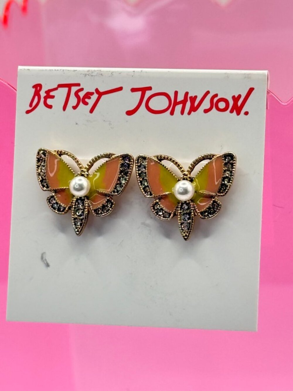 Betsey Johnson Butterfly Stud Earrings Enamel Crystal Pearl NWT